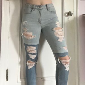 Cool Super Distressed Patchwork Two-Tone Skinny Jeans!
